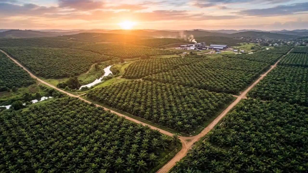 Aerial view of an oil palm estate at sunset with the processing mill on the horizon