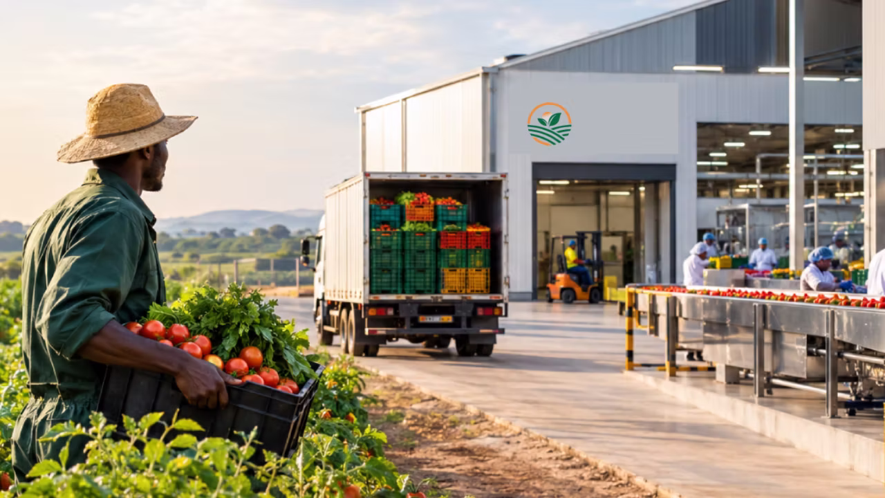 Farmer carrying a crate of tomatoes past the packhouse and a loaded delivery truck