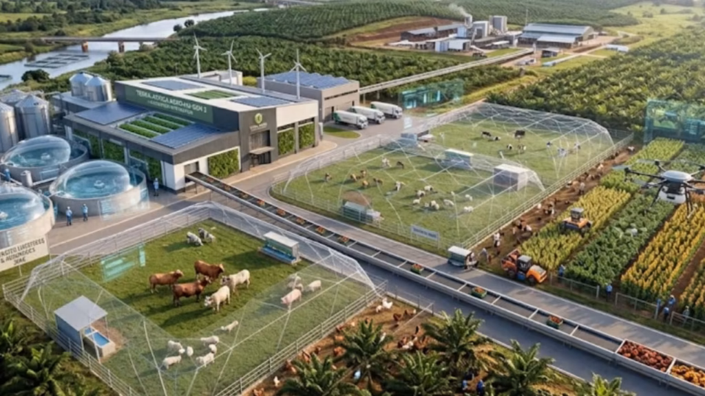 Aerial view of an integrated agricultural site with greenhouses, a solar array and processing buildings