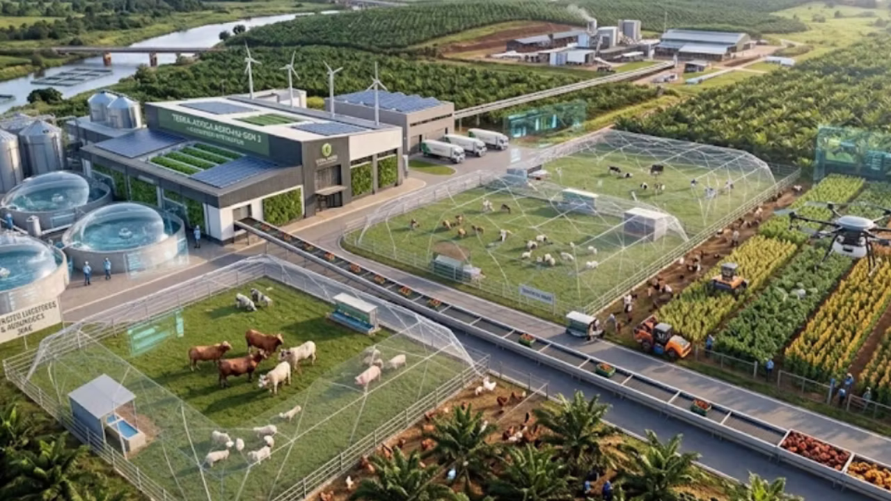 Aerial view of an integrated agricultural site with greenhouses, a solar array and processing buildings
