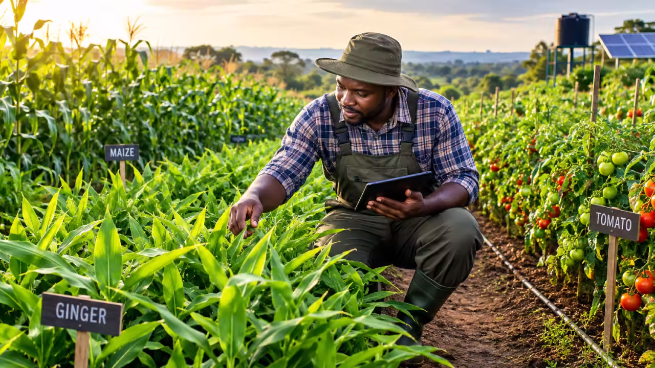 Farmer inspecting maize plants beside beds labelled ginger, maize and tomato