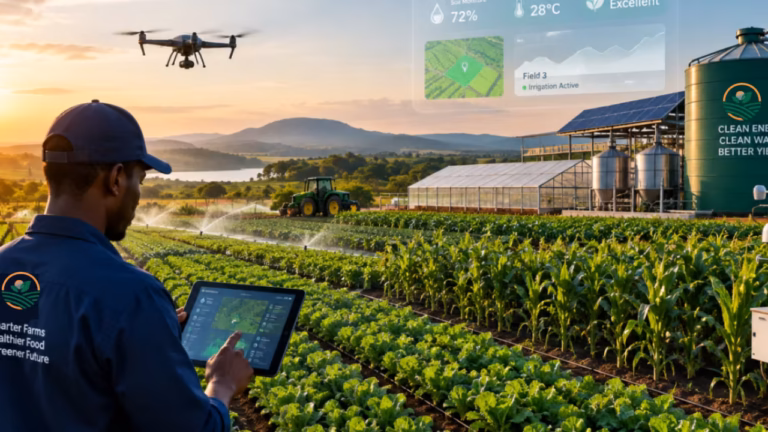Farmer checking a tablet in a lettuce field below an agricultural drone, with a greenhouse and solar panels behind