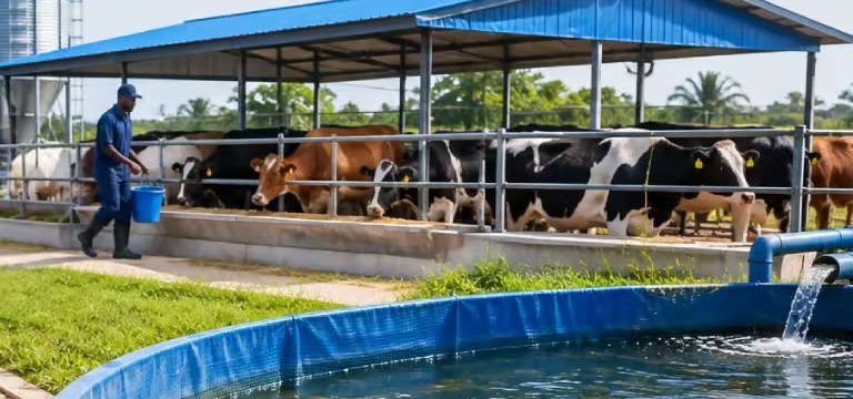 Dairy cattle feeding at a trough under a shaded open-sided shed