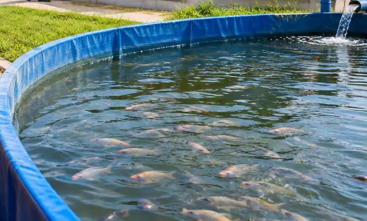 Lined fish pond stocked with tilapia, with water flowing in from a pipe