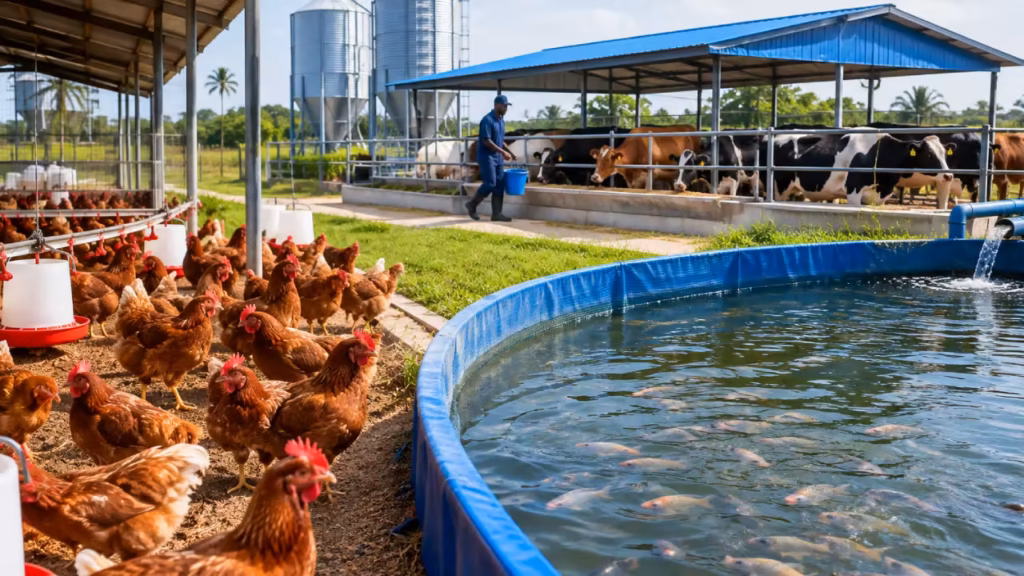 Poultry, cattle and fish ponds side by side at the mixed farm