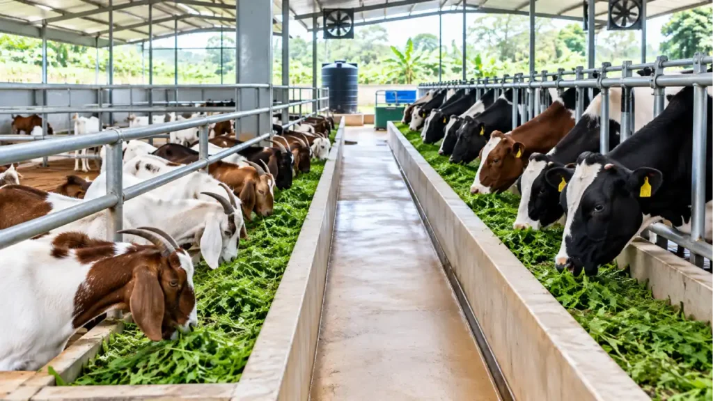 Cattle feeding in a row inside a modern barn at Spring Valley Ranch