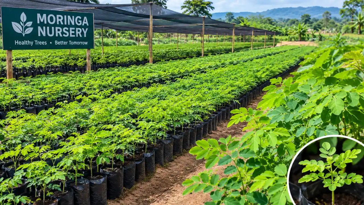 Moringa seedlings and young trees in the Spring Valley Ranch nursery