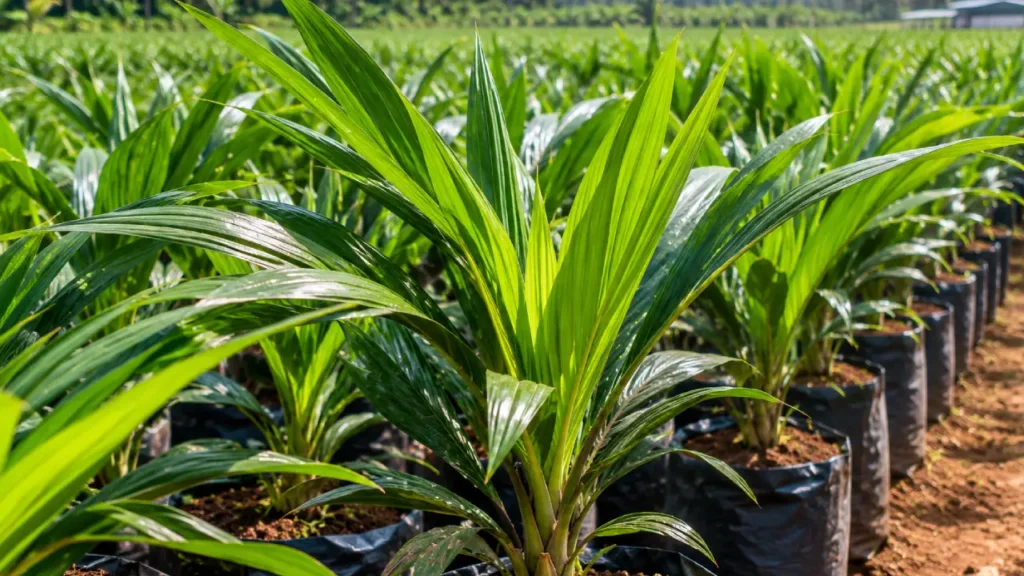 Oil palm seedlings lined out in the nursery at Spring Valley Ranch