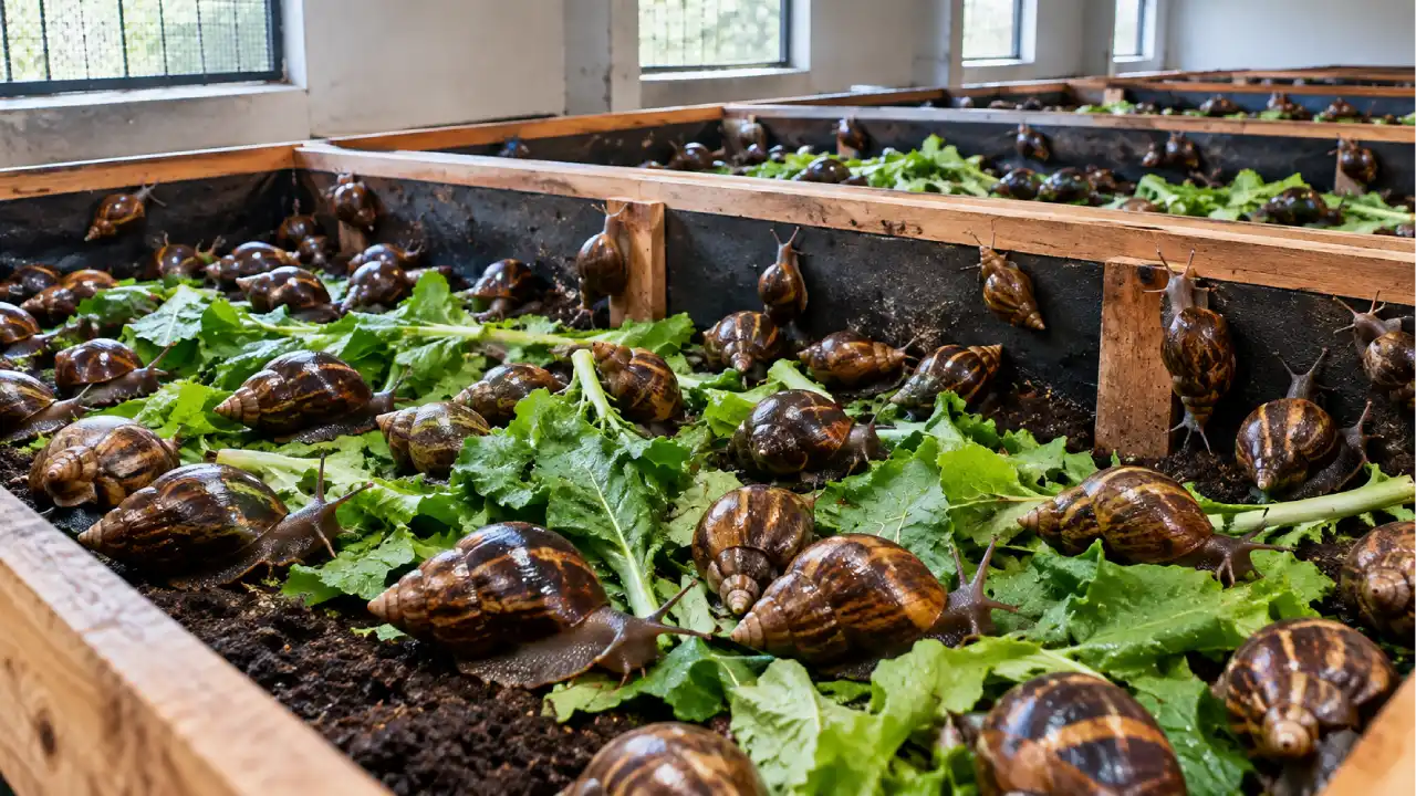 Rows of snails in wooden pens at the Spring Valley Ranch snailery